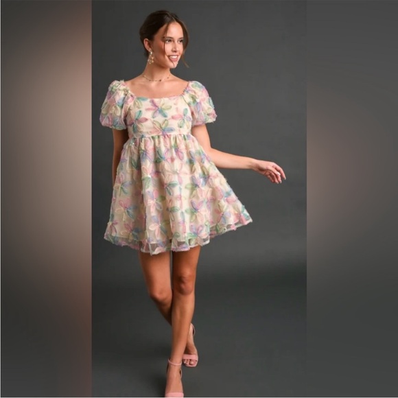 Umgee Floral Jacquard Puff Sleeve Mini Dress